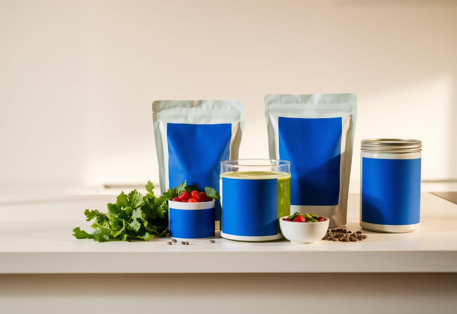 KNOVANUTURE functional food pouches, jars and a green smoothie on a bright kitchen counter